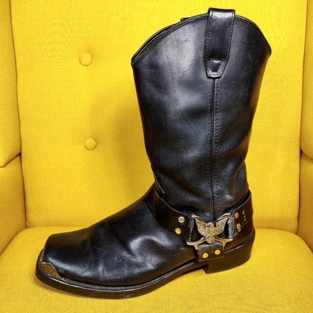 Dingo Mens Motorcycle Chopper Square Toe Leather Harness Boot Black Shoes 11.5EW